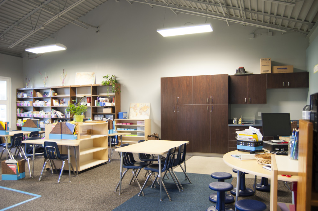 Grades 1 -2 Classrooms : Blue Accents with Dark Wood Casegoods